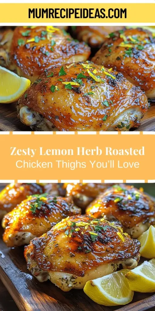 Experience the vibrant flavors of Zesty Lemon Herb Roasted Chicken Thighs! This recipe is perfect for any occasion, whether it's a busy weeknight or a festive gathering. With juicy chicken thigh cuts marinated in zesty lemon, fresh herbs, and garlic, you'll create a dish that delights the palate. It's easy to prepare with minimal cooking time, making it a favorite for all skill levels. Serve it alongside seasonal veggies or a fresh salad for a complete meal that’s bursting with flavor and nutrition.