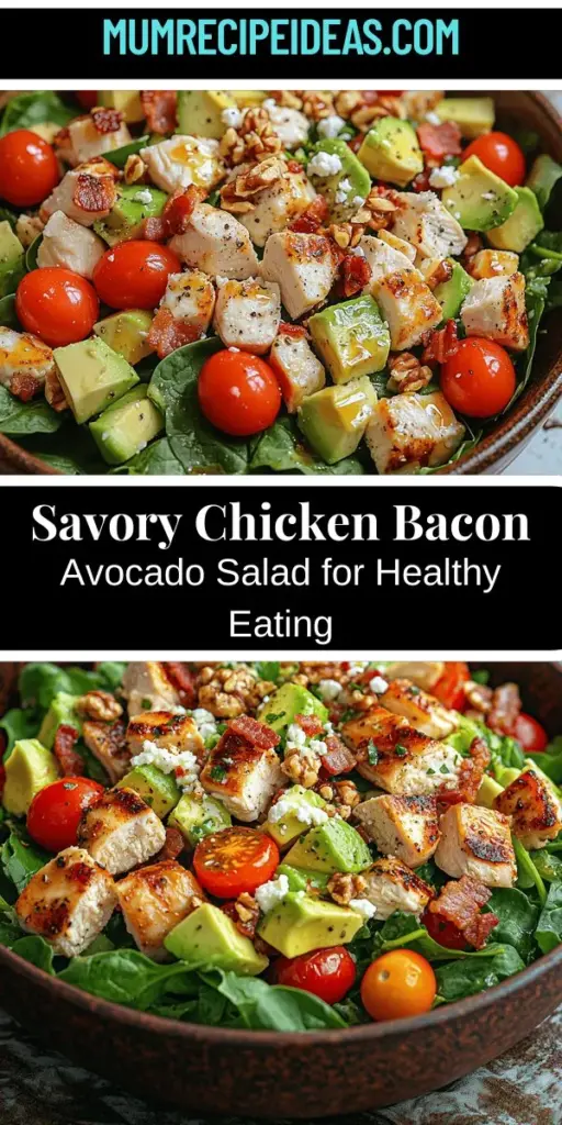 Discover the joy of nutritious eating with this flavorful Chicken Bacon Avocado Salad. This satisfying dish combines lean chicken, crispy bacon, and creamy avocado with a mix of fresh greens and vibrant toppings. Packed with protein and healthy fats, it’s perfect for lunch or dinner. Easy to make and customizable, this salad is a delightful way to enjoy a healthy meal full of taste and texture. Try it today for a deliciously wholesome dining experience!