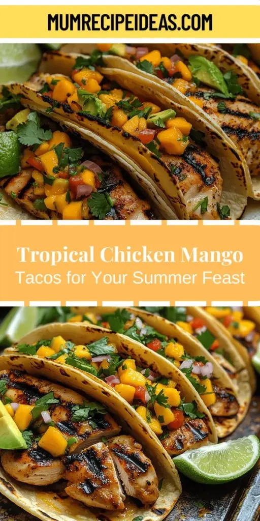 Experience the taste of summer with Tropical Fiesta Grilled Chicken Mango Tacos. These vibrant tacos combine juicy grilled chicken marinated to perfection with fresh, sweet mango salsa that bursts with flavor. Perfect for barbecues or weeknight meals, each bite is a delightful journey to a sun-kissed beach. Packed with health benefits and made from fresh ingredients, these colorful tacos are sure to impress family and friends. Get ready for a culinary celebration that brings people together!