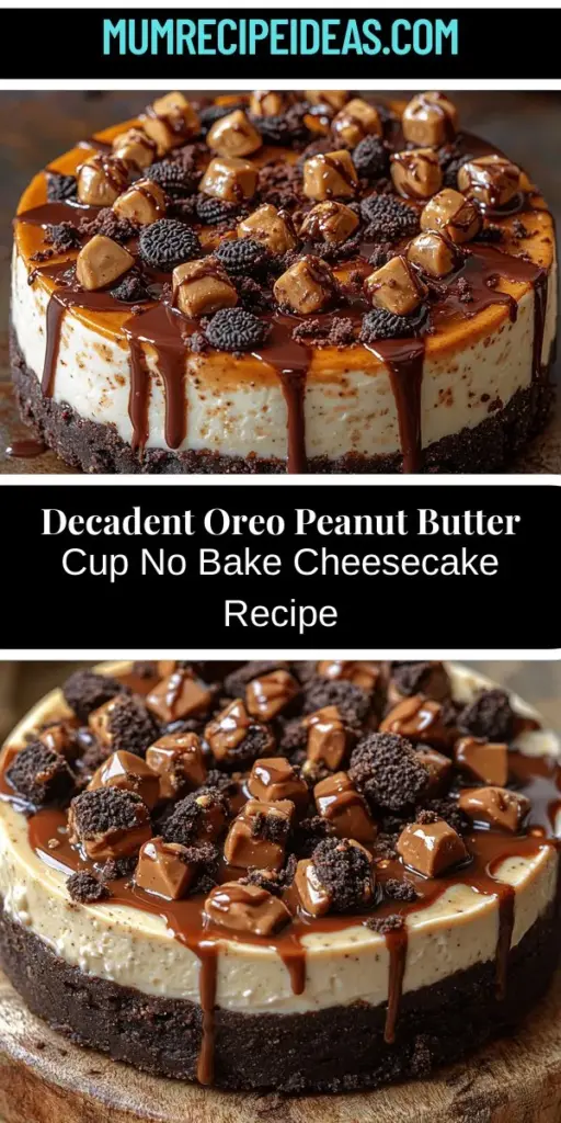 Discover the ultimate dessert with this Oreo Peanut Butter Cup No Bake Cheesecake! Perfect for warm weather gatherings or any celebration, this creamy, rich cheesecake features a crunchy Oreo crust and a decadent peanut butter filling. With no baking required, you can whip it up in no time. Topped with chopped Reese's and a drizzle of chocolate sauce, this dessert will impress everyone. Enjoy a slice of indulgence without the hassle of the oven!