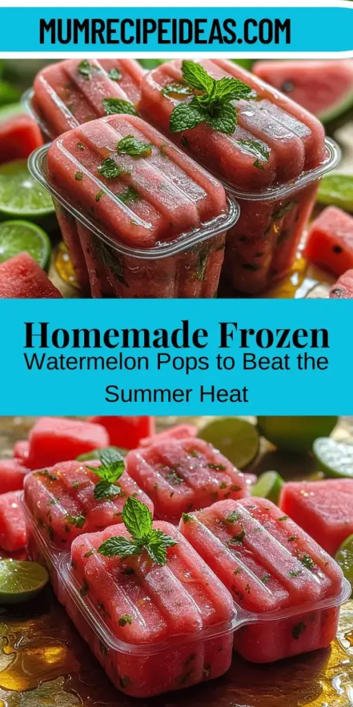Beat the summer heat with delicious and refreshing Frozen Watermelon Pops! Easy to make and packed with nutrients, these vibrant snacks are perfect for cooling off during hot days. Made from fresh watermelon, honey or agave syrup, lime juice, and coconut water, they offer a wholesome treat that everyone can enjoy. Say goodbye to store-bought options with artificial ingredients and hello to a healthy, homemade alternative. Get creative with flavors and impress your friends and family this summer!