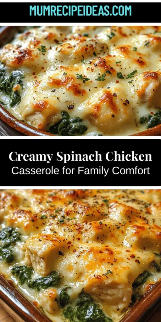 Looking for a delicious and nutritious dinner idea? Try the Creamy Spinach Chicken Delight Casserole! This comforting dish features tender chicken, vibrant spinach, and creamy cheese, making it a perfect family favorite. Easy to prepare, it's great for busy weeknights or gatherings. Packed with flavor and health benefits, this casserole is customizable to suit any dietary needs. Get ready to impress your loved ones with this satisfying meal that brings comfort to the table!