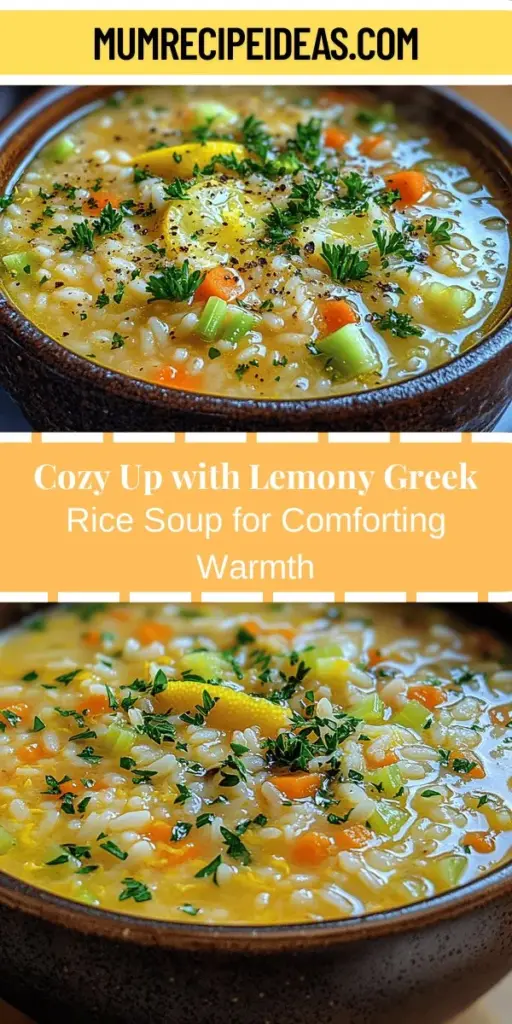 Discover the heartwarming goodness of Greek Lemon Rice Soup, known as Lemony Comfort Bowl. This delightful dish combines creamy textures with zesty lemon flavor, creating a comforting experience that's perfect for any season. Packed with nutritional benefits from fresh vegetables and wholesome ingredients, it's not just a meal but a cherished family tradition. Easy to make and adaptable for various dietary needs, this soup will wrap you in warmth and nostalgia. Dive into a bowl of comfort today!