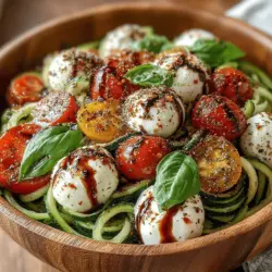 The Fresh & Flavorful Caprese Zoodle Salad brings a refreshing twist to a classic dish. This vibrant salad combines the traditional elements of a Caprese salad—juicy tomatoes, creamy mozzarella, fragrant basil—with a modern, health-conscious spin by using zoodles, or zucchini noodles, in place of pasta. The result is a light and flavorful dish that appeals not only to those who are health-conscious but also to anyone seeking a delicious, satisfying meal.