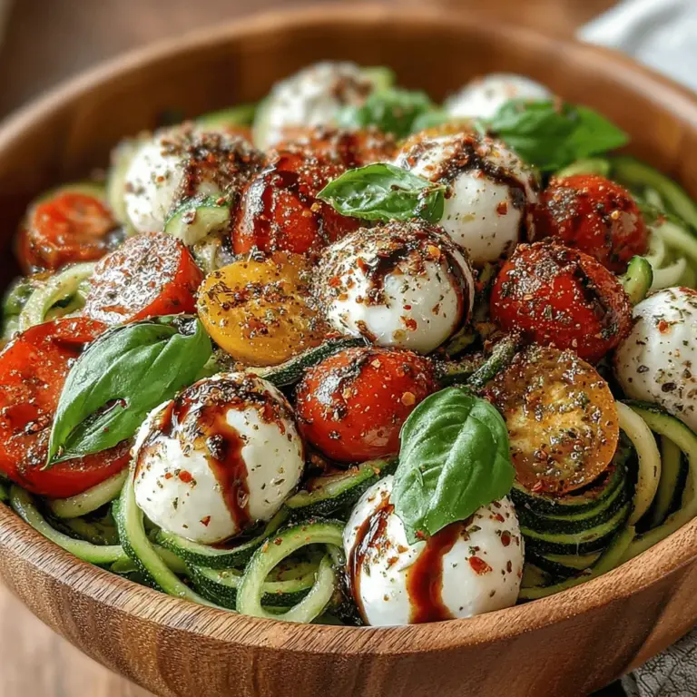 The Fresh & Flavorful Caprese Zoodle Salad brings a refreshing twist to a classic dish. This vibrant salad combines the traditional elements of a Caprese salad—juicy tomatoes, creamy mozzarella, fragrant basil—with a modern, health-conscious spin by using zoodles, or zucchini noodles, in place of pasta. The result is a light and flavorful dish that appeals not only to those who are health-conscious but also to anyone seeking a delicious, satisfying meal.