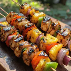 Tropical Delight Pineapple Chicken Skewers are a vibrant and flavorful dish that brings the essence of the tropics to your table. This recipe features tender chicken marinated in a blend of savory and sweet ingredients, perfectly complemented by juicy pineapple and colorful vegetables. The result is a deliciously balanced meal that is not only satisfying but also visually appealing, making it an excellent choice for summer gatherings, barbecues, or any festive occasion.
