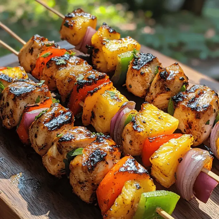Tropical Delight Pineapple Chicken Skewers are a vibrant and flavorful dish that brings the essence of the tropics to your table. This recipe features tender chicken marinated in a blend of savory and sweet ingredients, perfectly complemented by juicy pineapple and colorful vegetables. The result is a deliciously balanced meal that is not only satisfying but also visually appealing, making it an excellent choice for summer gatherings, barbecues, or any festive occasion.