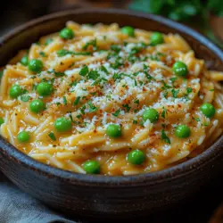Delve into a world of comforting flavors with our Luscious Creamy Parmesan Orzo with Peas. This dish perfectly marries the delightful texture of orzo pasta with the richness of heavy cream and the sharpness of Parmesan cheese, all enhanced by the freshness of sweet peas. Whether you are preparing a cozy family dinner or hosting a sophisticated gathering, this recipe strikes an ideal balance between simplicity and gourmet flair. The creamy sauce enveloping the orzo creates a comforting dish that is both satisfying and elegant, making it a versatile choice for any occasion.