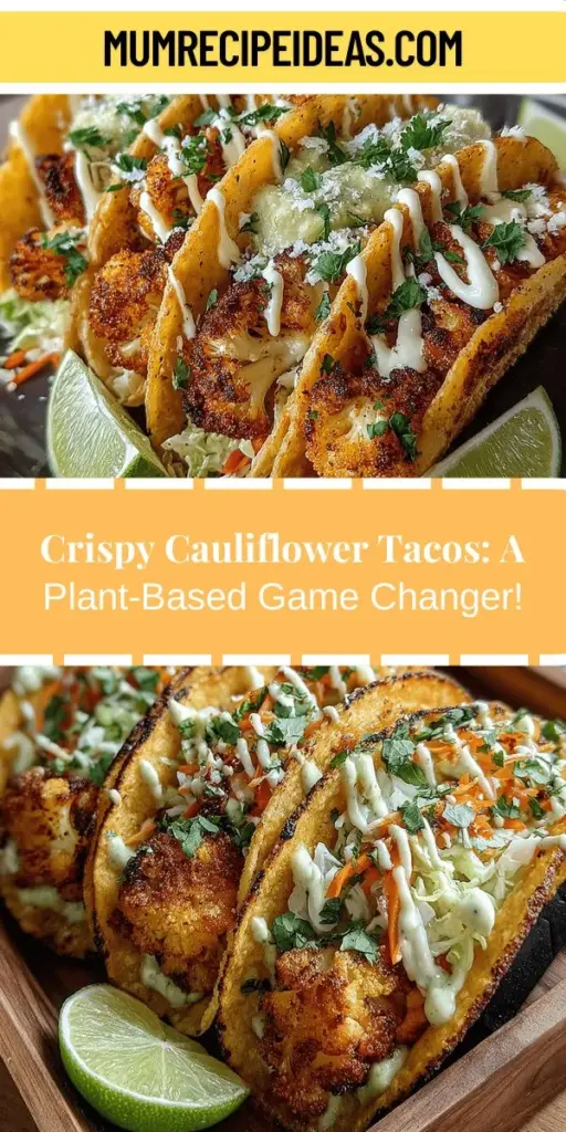 Discover the deliciousness of Golden Crispy Cauliflower Tacos, a delightful plant-based dish that brings together crispy, golden-battered cauliflower and fresh toppings for a flavor explosion. These tacos are easy to make, featuring a zesty spicy avocado cream that perfectly complements the crunchy texture of the cauliflower. Packed with nutrients and bursting with taste, they make a satisfying meal for everyone, whether you're vegan or just looking to enjoy more vegetables. Perfect for casual dinners or gatherings, these tacos are sure to impress!
