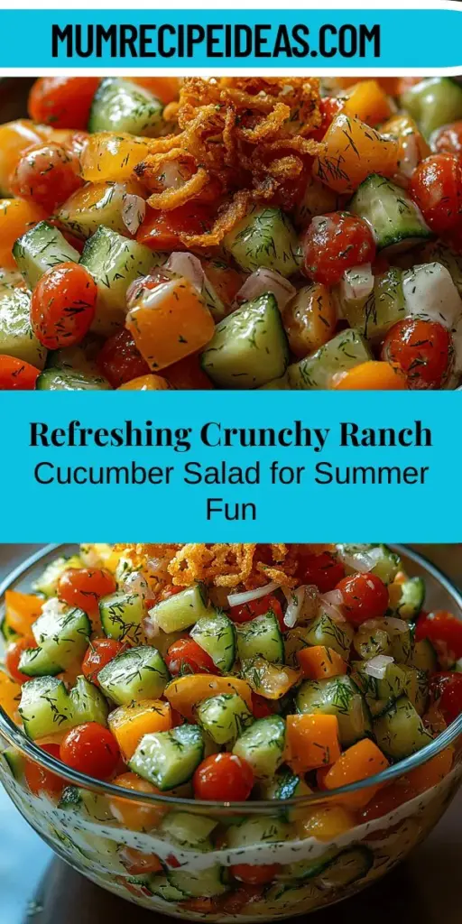 Discover the Crunchy Ranch Cucumber Salad, a refreshing and nutritious dish perfect for hot summer days. This vibrant salad combines hydrating cucumbers, sweet cherry tomatoes, and crunchy bell peppers, all tossed in a creamy ranch dressing made with Greek yogurt for a healthy twist. Easy to prepare and versatile, it pairs beautifully with grilled meats or can be enjoyed on its own. Elevate your summer meals with this delightful salad that's both delicious and packed with essential nutrients.