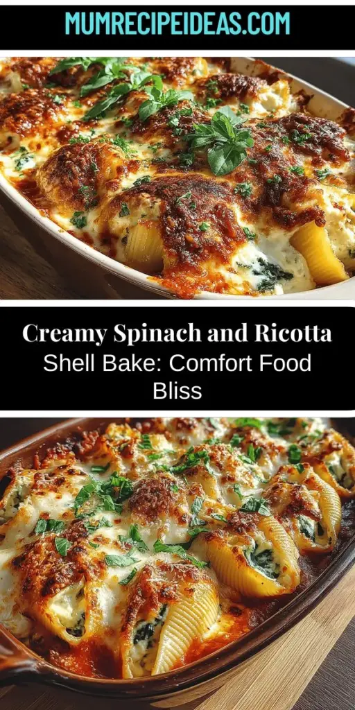 Discover the perfect blend of comfort and nutrition with Creamy Spinach and Ricotta Shell Bake. This delightful dish features jumbo pasta shells filled with a delicious spinach and ricotta mix, baked in savory marinara sauce. Ideal for family dinners or special gatherings, it offers a satisfying main course that pairs beautifully with a fresh salad or garlic bread. Full of flavor and nutrients, this recipe is sure to impress even the pickiest eaters!