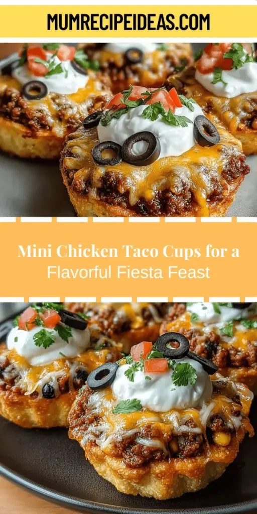 Fiesta Mini Chicken Taco Cups are a fun and tasty appetizer that everyone will love. Perfect for any occasion, these bite-sized treats combine seasoned ground chicken, fresh veggies, and gooey cheese, all nestled in crispy tortilla cups. Easy to make and customizable, you can switch up the proteins or toppings to suit your taste. Celebrate flavor and creativity in the kitchen with these mini taco delights, guaranteed to be a hit at your next gathering!
