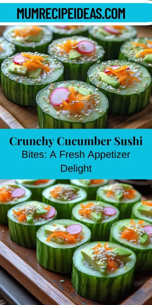 Discover the delightful world of Crunchy Cucumber Sushi Bites, a refreshing and healthy twist on traditional sushi. Perfect for gatherings, picnics, or a nutritious snack, these bites feature crisp cucumber cups filled with sushi rice, creamy avocado, and vibrant veggies. Easy to make and customizable for various diets, they provide a satisfying crunch that's sure to impress. Elevate your culinary experience with this fun, flavorful appetizer perfect for any occasion!