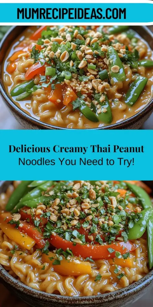 Indulge in the delightful flavors of Creamy Thai Peanut Noodles, a beloved dish from Thai cuisine that's perfect for any meal. With its rich, creamy peanut sauce, tender rice noodles, and vibrant vegetables, this dish offers a perfect balance of sweet, salty, spicy, and sour. It's versatile too! Easily customizable for vegan or gluten-free diets, this recipe invites creativity. Explore the rich taste of fresh ingredients and discover a satisfying, healthy dish that's sure to impress your family and friends. Enjoy the journey of cooking and savor every bite!