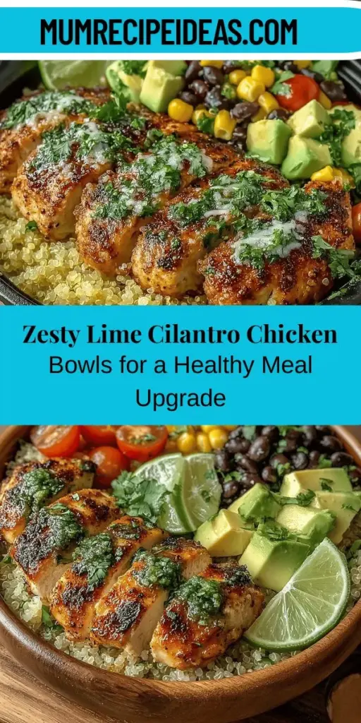 Experience the deliciousness of Zesty Lime Cilantro Chicken Bowls, a vibrant fusion of flavors and nutrients perfect for any meal. Tender, marinated chicken meets a colorful mix of fresh vegetables, quinoa, and black beans, making this dish satisfying and health-conscious. Bursting with zesty lime and aromatic cilantro, it's a nutritious choice that’s quick to prepare and customizable. Dive into this flavorful journey and elevate your dining experience while embracing healthy eating!