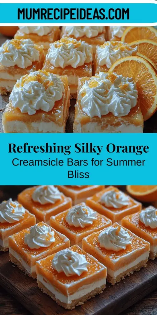 Beat the heat this summer with the refreshing Silky Orange Creamsicle Bars! These homemade treats blend vibrant orange flavor with a creamy texture that melts in your mouth. Packed with fresh orange juice and zest, they not only satisfy your cravings but also provide a boost of vitamin C. Perfect for summer gatherings or a relaxing day by the pool, these bars are easy to make and guaranteed to impress. Get ready to create delightful memories with every delicious bite!