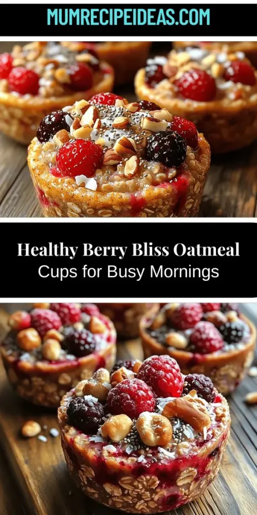 Start your mornings right with Wholesome Berry Bliss Baked Oatmeal Cups! Designed for busy lifestyles, these delicious oatmeal cups are packed with nutrients, featuring rolled oats and fresh berries. They're customizable to fit your dietary needs, and each bite offers a satisfying blend of textures and flavors. Perfect for meal prep, these cups can be enjoyed warm or chilled throughout the week, making healthy eating convenient and tasty!