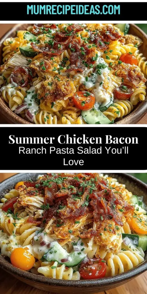 Discover the perfect summer dish with Chill Out Chicken Bacon Ranch Pasta Salad! This refreshing salad combines tender chicken, crispy bacon, and fresh vegetables in a creamy ranch dressing, making it a satisfying meal or a crowd-pleaser at barbecues and picnics. Easy to prepare and packed with flavor, it’s a great addition to your summer meal rotation. Explore the step-by-step guide to create this delightful recipe and impress your family and friends all season long!