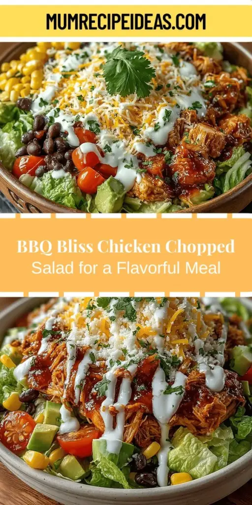 Discover the deliciousness of BBQ Bliss Chicken Chopped Salad, where smoky grilled chicken meets a colorful array of fresh vegetables. This dish offers a perfect harmony of flavors and textures, delivering a healthy, nutrient-packed meal ideal for any occasion—family dinners, summer barbecues, or a quick lunch to take to work. Enjoy a satisfying blend of protein, fiber, and essential vitamins that will leave you feeling nourished and content. Try it today for a delightful culinary experience!