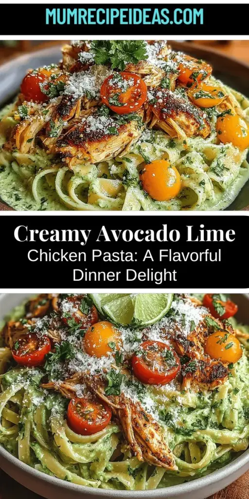 Discover a deliciously satisfying meal with Creamy Avocado Lime Chicken Pasta. This recipe beautifully unites creamy avocados and zesty lime for a flavorful dish that’s perfect for family dinners or quick weeknight meals. Packed with healthy monounsaturated fats, vitamins, and protein, it's a great option for those seeking nutritious yet indulgent flavors. Easy to prepare, this dish is sure to become a favorite in your kitchen. Enjoy a tasty blend of healthy ingredients and vibrant flavors!