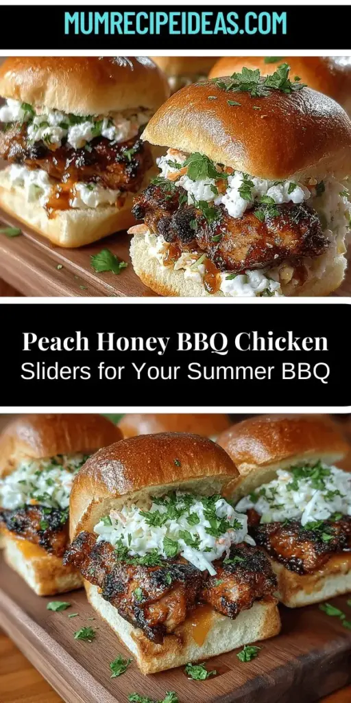 Discover the ultimate summer delight with these Peach Honey BBQ Chicken Sliders! Perfect for parties or casual meals, these sliders combine juicy chicken thighs with the sweet flavor of peach preserves and honey, creating a mouthwatering experience. The smoky grilled chicken meets crunchy coleslaw, offering a refreshing contrast in every bite. Easy to prepare and fully customizable, these sliders are sure to impress your guests at any gathering. Enjoy them at your next outdoor BBQ or family dinner!