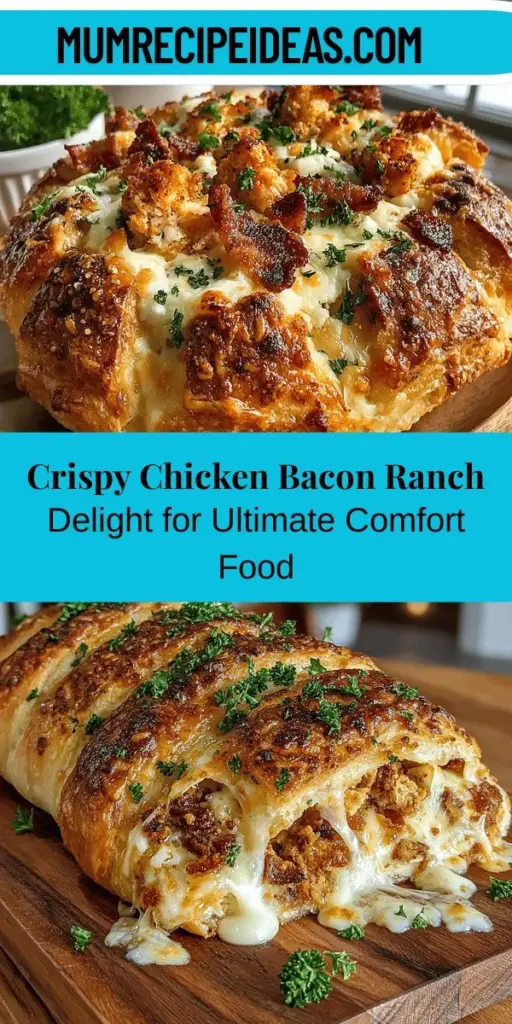 Discover the Crispy Chicken Bacon Ranch Delight, the ultimate comfort food that combines tender chicken, crispy bacon, and creamy ranch dressing in one easy-to-make dish. Perfect for busy weeknights or special occasions, this recipe is a crowd-pleaser that brings loved ones together. With its flaky crescent roll base and cheesy goodness, it's both satisfying and delicious. Make it for your next gathering and impress everyone with this delightful medley of flavors!