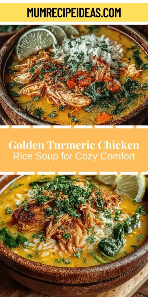 Warm your soul with a bowl of Golden Turmeric Chicken Rice Soup, the perfect blend of comfort and nutrition. This vibrant soup features tender chicken, fragrant spices, and wholesome rice, making it an ideal meal for busy families or cozy nights in. With the health benefits of turmeric and ginger, this easy-to-make recipe not only satisfies your cravings but also supports your wellness. Elevate your dinner routine with this nourishing dish that’s both simple to prepare and full of flavor.
