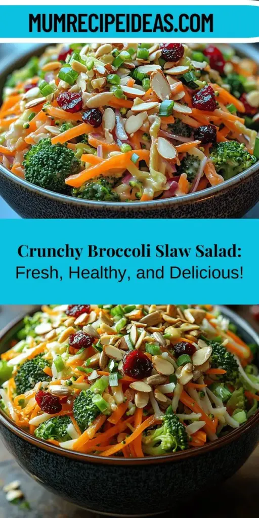 Discover the Crunchy Broccoli Slaw Salad, a vibrant dish bursting with texture and flavor that's perfect for any meal. This refreshing salad combines shredded broccoli, carrots, bell peppers, and green onions, topped with sunflower seeds and dried cranberries for an added crunch. Easy to make and nutritious, it caters to various dietary preferences, making it a fantastic choice for a light lunch or a delightful side. Try it today for a delicious boost to your meal!