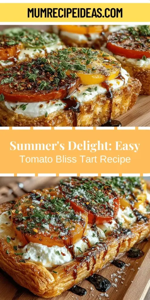 Celebrate summer with the delicious Tomato Bliss Tart, a recipe that showcases vibrant, fresh tomatoes nestled in a flaky puff pastry crust. This versatile dish is perfect for any occasion, whether you're hosting a dinner party or packing a picnic. With a creamy blend of cheeses and the aromatic touch of fresh herbs, each bite is a burst of summer flavors. Easy to make and delightful to share, this tart is sure to impress your guests and elevate your seasonal gatherings.