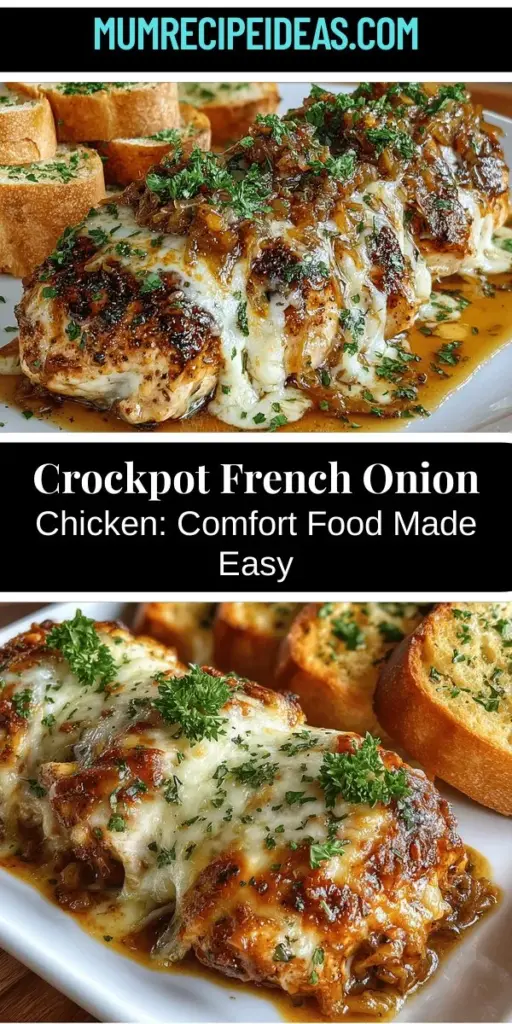 Indulge in the comfort of Savory Crockpot French Onion Chicken, a deliciously simple meal that combines tender chicken, sweet caramelized onions, and rich Gruyère cheese. This easy slow-cooker recipe allows the flavors to meld beautifully while you go about your day. Perfect for family dinners or special occasions, serve it with crusty bread for a satisfying feast. Enjoy a hearty dish that warms both the stomach and soul!