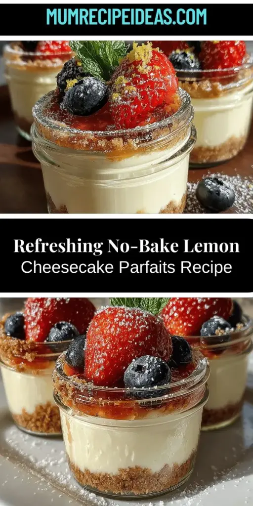 Looking for a refreshing dessert to cool off during summer? Try the Zesty No-Bake Lemon Cheesecake Parfaits! These delightful treats combine the tangy brightness of fresh lemons with a creamy cheesecake filling, all layered over a crunchy graham cracker crust. Perfect for picnics, barbecues, or simply treating yourself, these parfaits are easy to make and don’t require an oven. Garnish with fresh berries and mint for an elegant touch that will wow your guests!