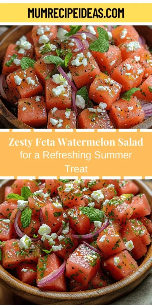 Dive into the refreshing flavors of summer with the Zesty Feta Watermelon Salad! This vibrant dish combines juicy watermelon, creamy feta, fresh mint, and zesty lime for a delightful balance of sweet and savory. Perfect as a light meal or a side at barbecues and picnics, this salad celebrates the season's best produce while providing a healthy dose of vitamins and hydration. Easy to prepare, it’s a tasty way to enjoy summer's bounty!