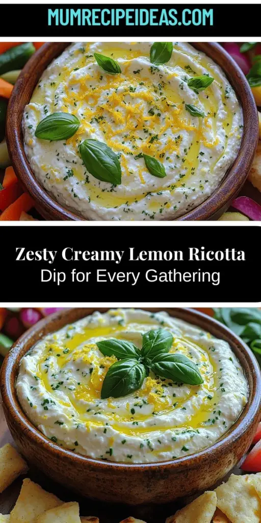 Discover the ultimate crowd-pleaser with this Zesty Creamy Lemon Ricotta Dip! Perfect for any occasion, its creamy texture blends ricotta cheese and Greek yogurt with zesty lemon for a refreshing flavor. Simple to make, you can whip it up in no time and enjoy with fresh veggies, crunchy chips, or warm bread. Customize it with herbs, spices, or even a spicy twist. Elevate your gatherings and delight your guests with this irresistible dip!