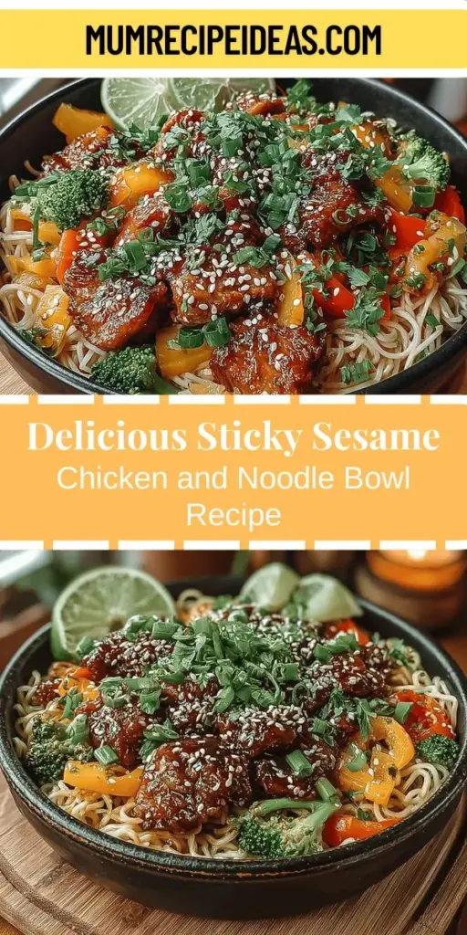 Discover a delicious way to elevate your weeknight dinners with this Sticky Sesame Chicken and Noodle Bowl recipe. Bursting with sweet, savory, and umami flavors, this dish features tender chicken thighs marinated in a sticky sesame sauce, vibrant vegetables, and your choice of noodles. It's easy to prepare, visually appealing, and perfect for meal prep or cozy family gatherings. Bring the enticing aromas of garlic and ginger into your kitchen and create a wholesome meal that everyone will love!