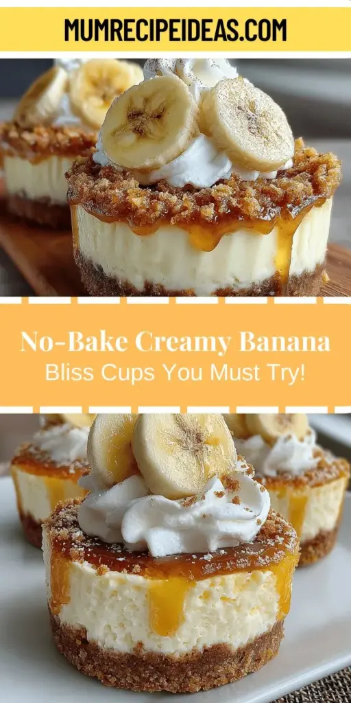 Indulge in the deliciousness of Creamy Banana Bliss Cups, a no-bake dessert that combines the natural sweetness of ripe bananas with rich, creamy layers and a crunchy graham cracker crust. Perfect for warm days and busy schedules, these easy-to-make treats are visually stunning and packed with flavor. With a few simple ingredients and steps, impress your friends and family with this delightful dessert that's ideal for any occasion. Enjoy the creamy, dreamy delight that's sure to be a hit!