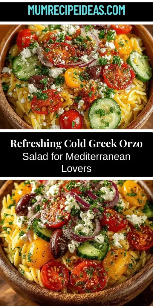 Discover the vibrant world of Mediterranean cuisine with a refreshing Cold Greek Orzo Salad. This dish beautifully combines orzo pasta, fresh vegetables, briny Kalamata olives, and tangy feta cheese, creating a satisfying medley of flavors and textures. Perfect for any occasion, from casual lunches to elegant dinners, it's easy to prepare and customizable to suit your preferences. Enjoy a nutritious meal that's packed with fresh ingredients and Mediterranean flair!