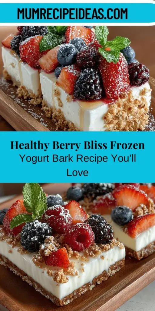Berry Bliss Frozen Yogurt Bark is the perfect healthy dessert to satisfy your sweet tooth. Made with creamy Greek yogurt and topped with vibrant fresh berries, this customizable treat is low in sugar and packed with protein. Perfect for meal prep or a refreshing snack, it can be tailored with various fruits and toppings like granola or mint. Easy to make and beautiful to serve, this delightful bark is sure to impress kids and adults alike. Try it today and enjoy a guilt-free indulgence!