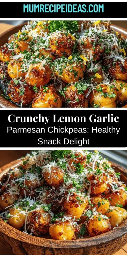Discover a deliciously healthy snack with Zesty Crunchy Lemon Garlic Parmesan Chickpeas! This vibrant recipe combines the satisfying crunch of roasted chickpeas, bright lemon zest, and savory Parmesan for a flavor-packed treat. Loaded with protein and fiber, these chickpeas make a perfect snack, appetizer, or salad topping. Easy to prepare and irresistibly crispy, they provide a nutritious alternative to conventional snacks. Elevate your snacking game with this flavorful delight!