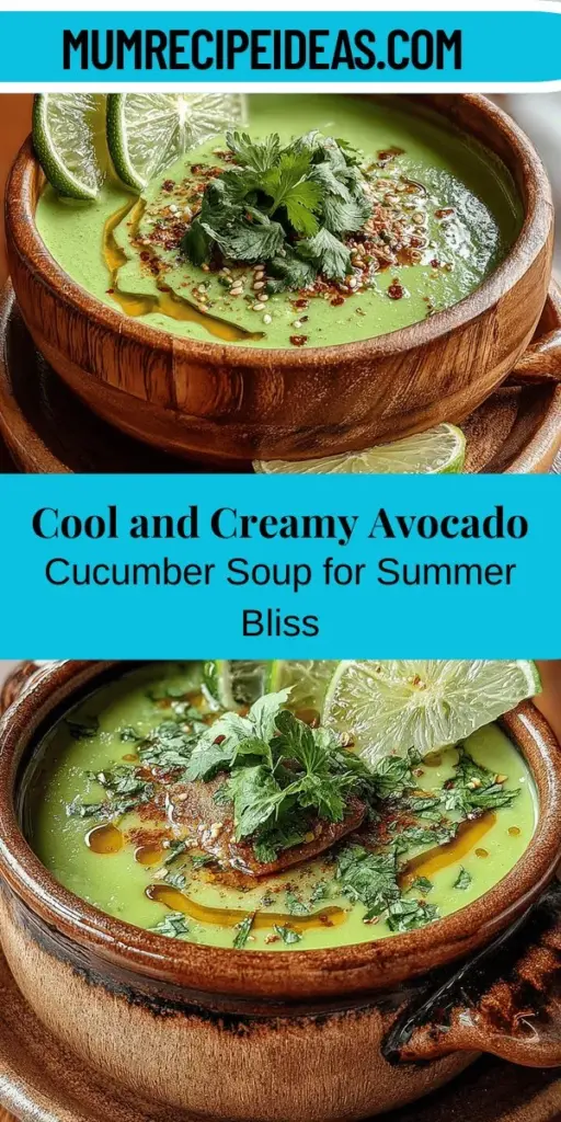 Beat the summer heat with this Refreshing Avocado & Cucumber Chill recipe! This light and nutritious cold soup combines creamy avocado and crunchy cucumber for a deliciously hydrating dish. Packed with vitamins and healthy fats, it makes for the perfect appetizer or light meal for gatherings or solo lunches. Easy to prepare and versatile, this vibrant recipe will keep you cool and satisfied all season long. Try it today and embrace the refreshing taste of summer!