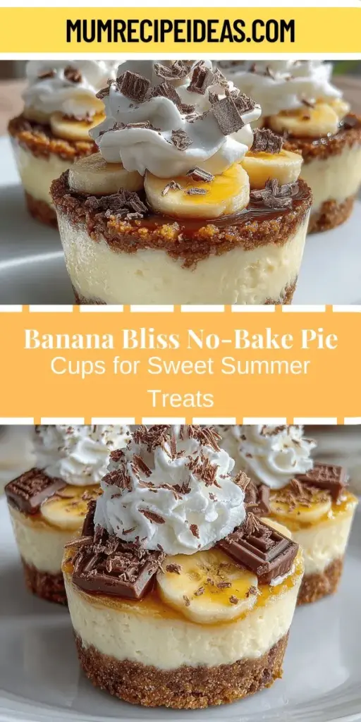 Discover the joy of creating Banana Bliss No-Bake Pie Cups, the perfect summer dessert that requires no oven! These delightful cups feature a crunchy graham cracker crust topped with a creamy banana pudding filling, all layered with fresh banana slices. Ideal for any occasion, they’re easy to make and fun to share. With simple ingredients and straightforward steps, you can whip up a treat that’s sure to impress family and friends while keeping everyone cool!