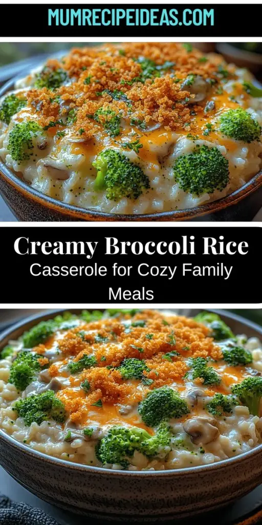 Discover the heartwarming flavors of Creamy Broccoli Rice Casserole, a dish that combines tender broccoli, fluffy rice, and rich cheese for a satisfying meal. This versatile casserole is perfect as a main course or comforting side dish, making it ideal for family dinners and potlucks alike. Easy to prepare, it brings nostalgia and joy to the table, allowing even novice cooks to create a meal that nourishes both body and soul. Enjoy a delicious blend of flavors and textures with this beloved recipe.