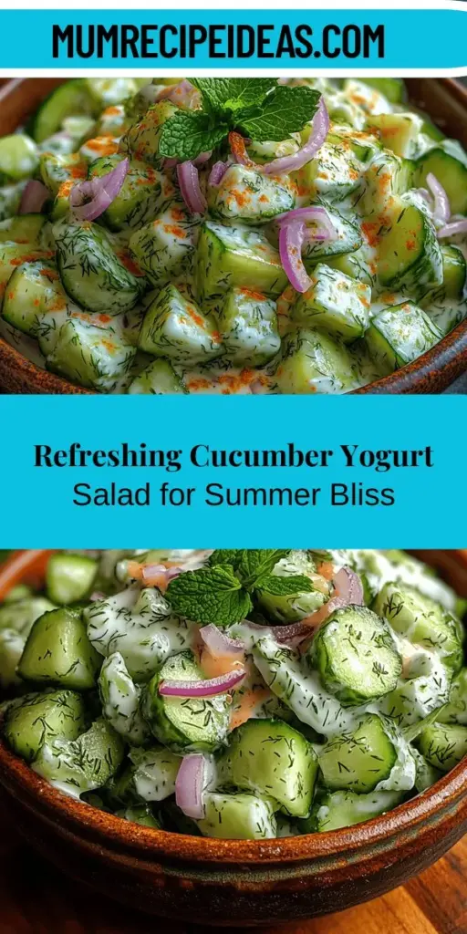 Experience the essence of summer with the Refreshing Creamy Cucumber Yogurt Salad! This delightful dish combines crisp cucumbers with creamy Greek yogurt, making it a perfect addition to barbecues, picnics, or light lunches. Packed with health benefits, cucumbers keep you hydrated and low in calories, while yogurt offers protein and probiotics. Easy to prepare and customizable with herbs and veggies, this salad is a colorful, refreshing treat for any table. Enjoy a taste of summer today!