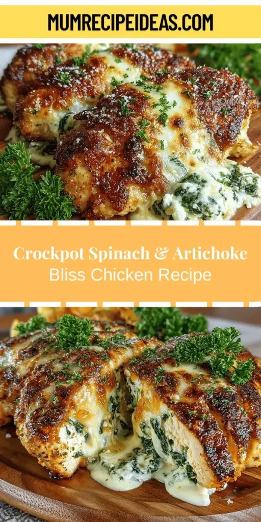 Discover the mouthwatering Spinach & Artichoke Bliss Chicken, a simple yet indulgent dish that combines creamy spinach and tangy artichokes with juicy chicken. Perfect for busy weeknights, this crockpot recipe is effortlessly prepared by layering ingredients and letting the slow cooker work its magic. Enjoy the rich flavors, nutritious ingredients, and the versatility of serving it over rice, pasta, or alongside a fresh salad. This delightful meal is sure to impress family and friends alike.