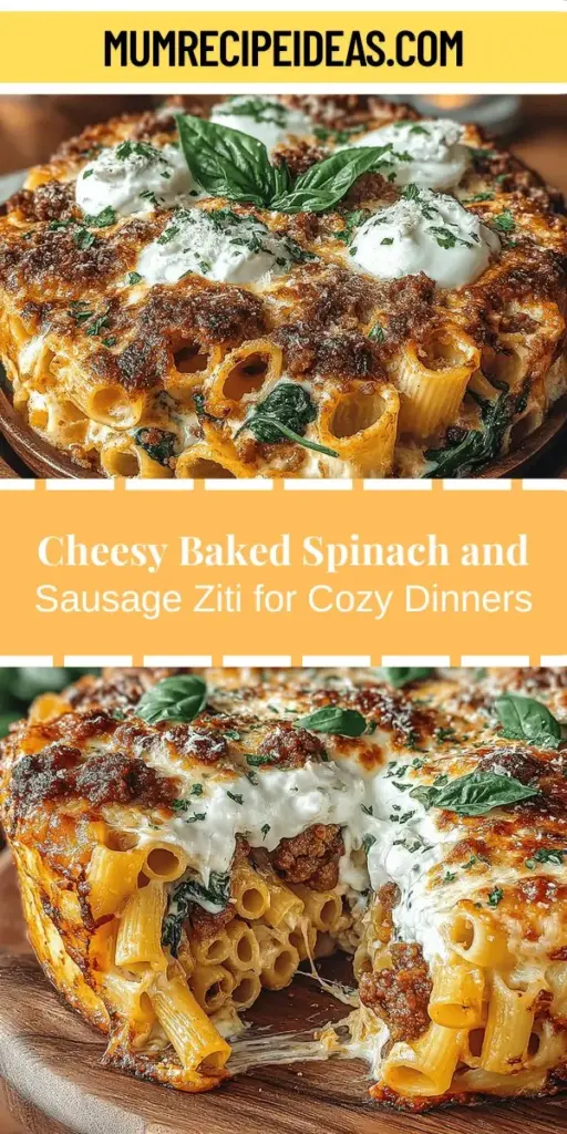 Discover the comforting delight of Cheesy Baked Spinach and Sausage Ziti, an Italian-inspired dish that’s perfect for family dinners or gatherings. This recipe combines al dente ziti pasta, savory Italian sausage, and fresh spinach enveloped in a creamy blend of ricotta, mozzarella, and Parmesan cheese. Each bite is rich and satisfying, with a golden, bubbling top that’s hard to resist. Enjoy this hearty meal that's as nutritious as it is delicious!