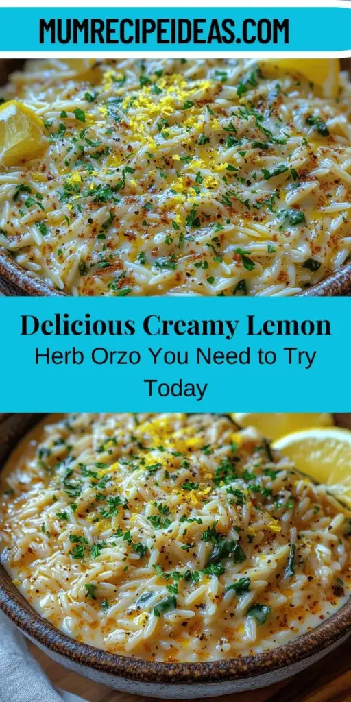 Discover the delightful Creamy Lemon Herb Orzo, a versatile dish perfect for any occasion. With its rice-like texture, orzo absorbs vibrant flavors, creating a creamy and refreshing meal. This easy recipe features high-quality ingredients, including fresh lemon, herbs, and Parmesan, ensuring a rich taste that balances acidity and creaminess. Ideal as a side or a main course, this dish is packed with nutrients and offers endless customization options to suit your taste. Enjoy a burst of flavor in every bite!