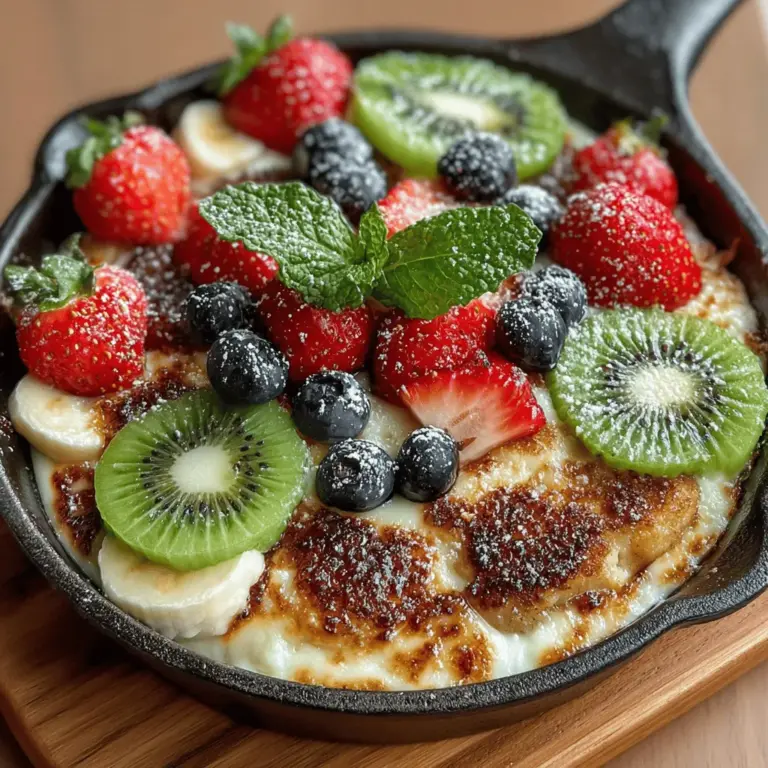 In the realm of culinary innovation, the Fruit Pizza Chicken Skillet emerges as a standout dish that harmoniously blends savory and sweet flavors. This imaginative recipe takes the quintessential elements of a pizza and reinterprets them into a skillet meal that is both visually stunning and delectable. At its core, the Fruit Pizza Chicken Skillet features succulent pieces of boneless chicken, a luscious layer of sweetened cream cheese, a vibrant assortment of fresh fruits, and a gooey topping of melted mozzarella cheese. This combination not only tantalizes the taste buds but also offers a feast for the eyes, making it an ideal choice for family dinners or lively gatherings.
