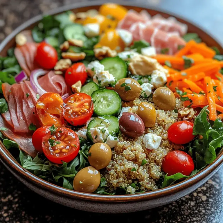 To elevate the nutritional profile of your Vibrant Healthy Charcuterie Salad Bowl, incorporating quinoa is an excellent choice. This gluten-free grain is not only rich in protein but also adds a delightful texture to your salad. Start by cooking 1 cup of quinoa according to package instructions. Rinse the quinoa under cold water to remove any bitterness before boiling it in 2 cups of water or broth for about 15 minutes, or until the grains are fluffy and all the liquid is absorbed.
