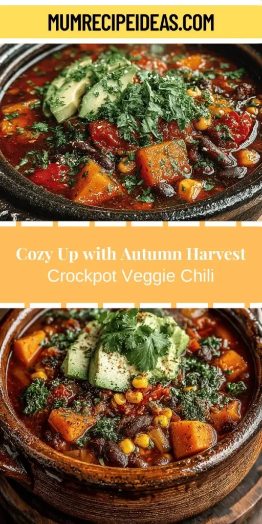 Warm up this season with a hearty bowl of Autumn Harvest Crockpot Veggie Chili. This nutritious and satisfying dish is packed with wholesome ingredients like sweet potatoes, bell peppers, and beans, making it perfect for any dietary preference. Easy to prepare with minimal fuss, just throw the ingredients into your slow cooker and let it work its magic while you focus on your day! Dive into the comforting flavors of fall with every spoonful of this cozy chili. Enjoy it with crusty bread, as a family dinner, or on chilly evenings for a nourishing meal that celebrates the bounty of autumn.