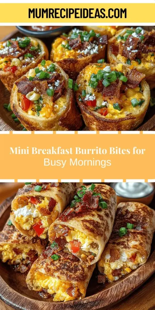 Start your mornings right with Mini Breakfast Burrito Bites, a delightful twist on the classic breakfast burrito. These bite-sized treats are perfect for busy days, gatherings, or a quick snack. Made with fluffy scrambled eggs, cheese, bacon or sausage, and colorful bell peppers, they pack big flavor in a small package. Customizable and easy to prepare, they're a nutritious option anyone can enjoy. Elevate your breakfast game with these tasty morsels!