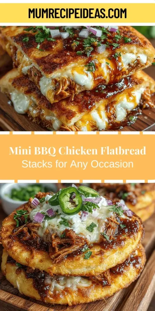 Looking for an easy and delicious dish for your next gathering? Try mini BBQ chicken flatbread stacks! These flavorful stacks are simple to assemble and adaptable to different tastes. With a base of crunchy flatbread topped with shredded chicken, zesty BBQ sauce, and gooey cheese, they're perfect as appetizers or a main course. Customize them with fresh toppings for an extra burst of flavor and enjoy a crowd-pleasing meal that's sure to impress!